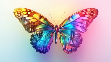 Obraz premium A vibrant butterfly with wings displaying international currency symbols like