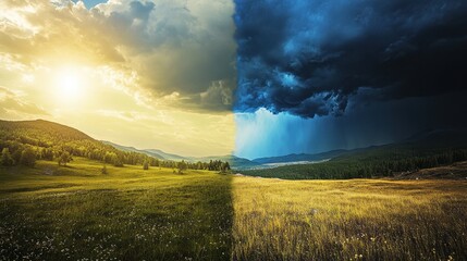Dramatic Split Landscape Sunlit Meadow vs. Impending Storm Over Mountains - Nature Photography