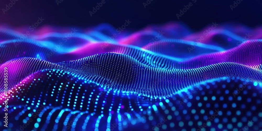 Poster abstract background with glowing blue and purple dots creating a digital wave effect in 3d space for