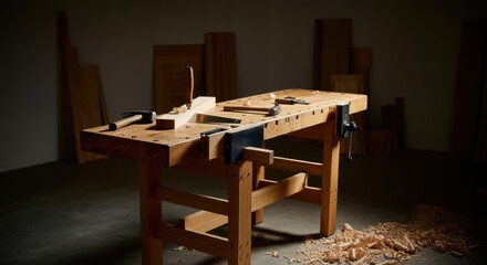 Woodworking Bench with Tools and Lumber in Workshop