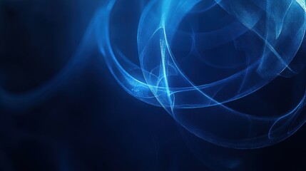 Fototapeta premium Abstract blue geometric lines intertwine in glowing circles, set against a dark blue background, highlighting innovative and sleek designs