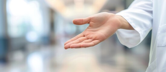 a doctor reaching out to the viewer with an open hand