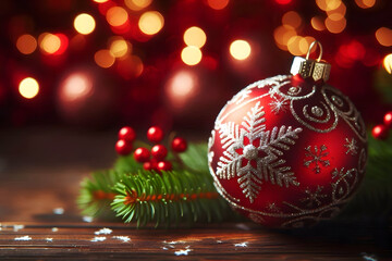 Closed up view of Christmas orament with blurred red christmas background
