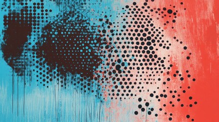 Abstract halftone dots spread across a red-blue gradient background, blending modern design with retro grunge aesthetics