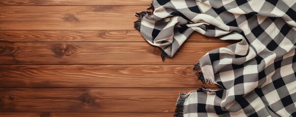 Cozy checkered blanket draped over warm wooden surface.