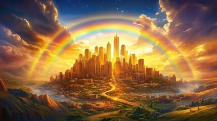 Naklejka premium Enchanting illustration of a city bathed in golden hues under a majestic rainbow