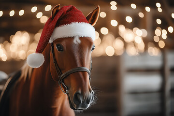 A symbol of the year 2026, horse wearing Santa's hat, festive Happy New Year and Christmas	
