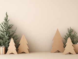 Minimalist Christmas decor with paper trees and evergreen plants.