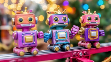Playful robot toys on a roller track festive indoor setting colorful photo whimsical atmosphere close-up view