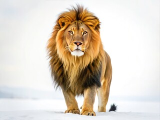 Obraz premium Majestic Male Lion, Isolated White Background, Candid Photo, Wildlife Photography, Big Cat, African Lion
