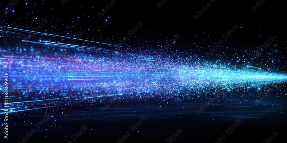 Poster blue light beam of data flowing from left to right in abstract digital space with dynamic lines and 