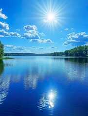 Bright Sunny Day Over Calm Lake And Lush Green Trees