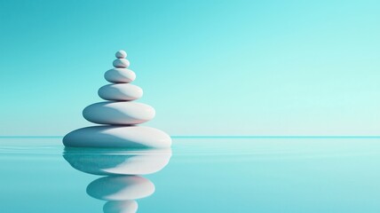 Serene stacked stones reflecting in calm turquoise water.