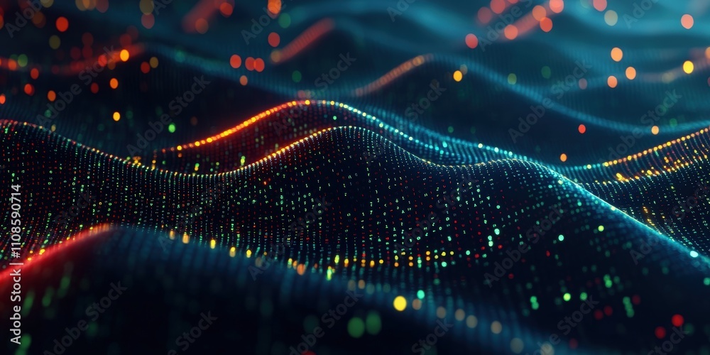 Poster abstract digital background featuring colorful data waves with glowing particles in a futuristic env