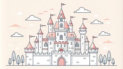 Naklejka premium Minimalist Line Art Fairytale Castle Illustration - Children's Book Design