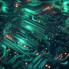 Glowing Teal Circuit Board Texture Abstract Technology Background with Illuminated Microchip Pathways