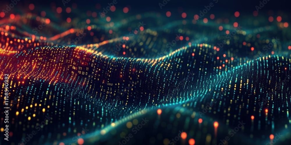 Poster dynamic digital data waves in a colorful background featuring vibrant lights and patterns, ideal for