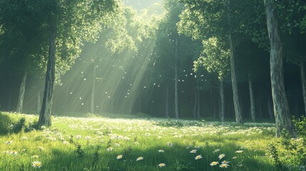 Obraz premium Sunlight streaming through trees in a serene forest landscape nature tranquil environment