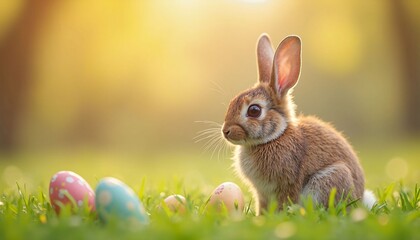 Fototapeta premium Easter cute little bunny on the grass with easter eggs around. Elegant easter theme.