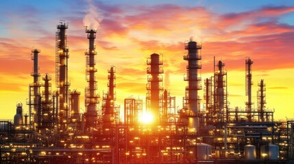 Obraz premium Industrial sunset oil refinery operations urban landscape photography evening view energy production
