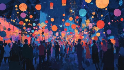 Naklejka premium Vibrant festival scene with colorful lanterns illuminating the crowd.