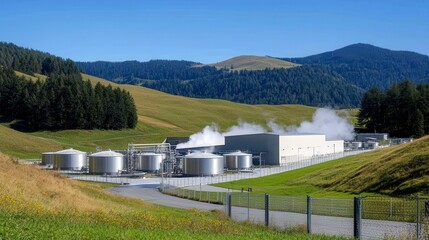 Industrial facility processing resources scenic hills photography natural landscape wide-angle view sustainability focus