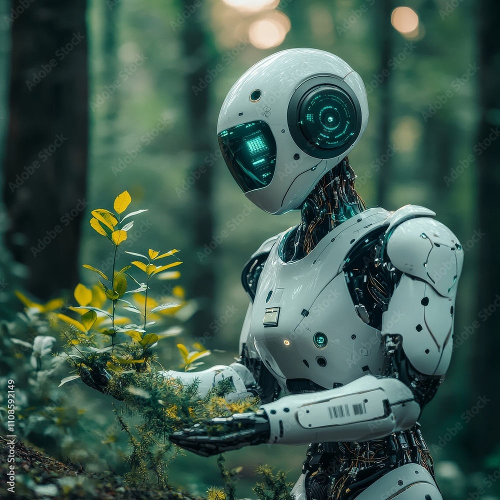 Aufkleber Robot hand touches light bulb and trees growing on coins artificial intelligence environmental conservation Green business for society Investment and business growth ideas