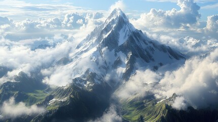 Majestic Snow-Capped Mountain Peak Soaring Above Cloudscape Panoramic Aerial View of Alpine Landscape