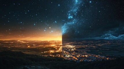 Obraz premium Breathtaking Night and Day Cityscape Split Dramatic Aerial View of Illuminated City Under Starry Milky Way Galaxy