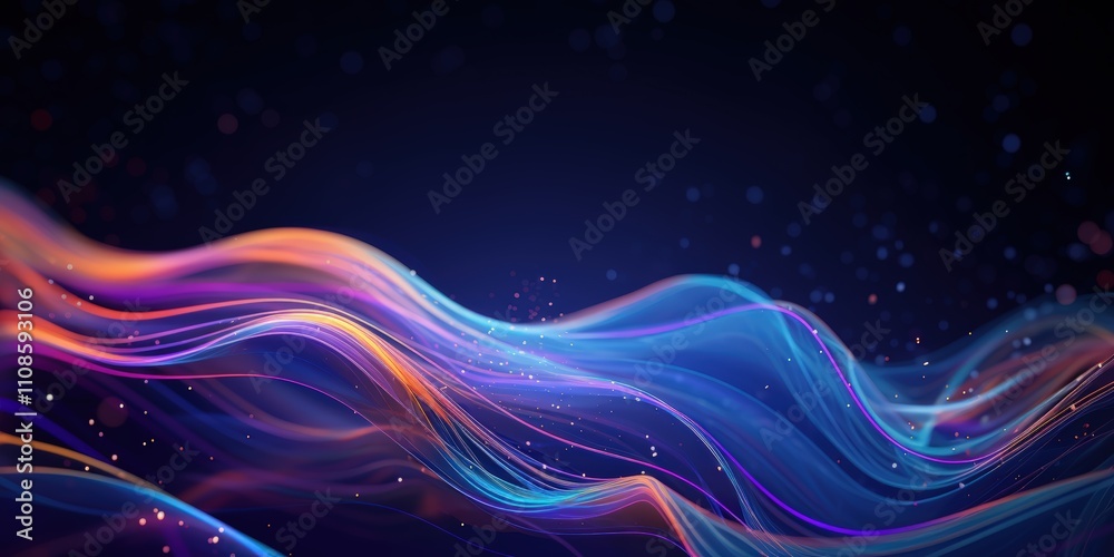 Poster abstract digital background with flowing colorful waves and sparkles in a gradient design suitable f