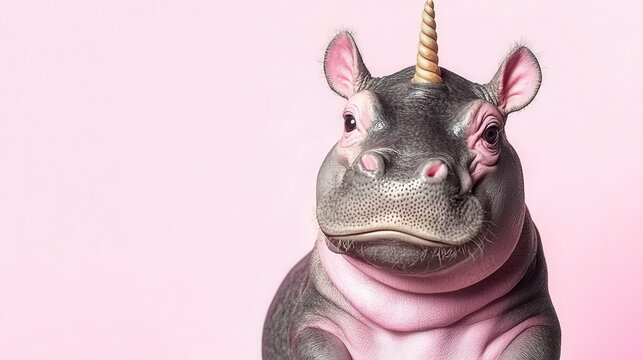Whimsical unicorn hippo portrait studio digital art soft pink background creative conceptualization for fun