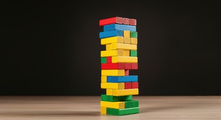 Unstable Stack of Colorful Wooden Blocks