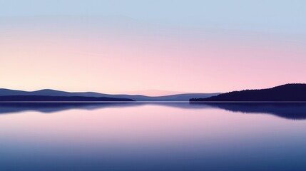 Fototapeta premium Serene Sunset Pastel Pink and Purple Lake Landscape with Mountain Silhouette Reflection - Calming Nature Background