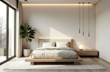 A modern bedroom with minimalist touches including a platform bed, simple decor and a soothing color scheme.