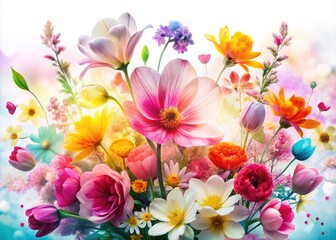 Obraz premium Spring Flowers Double Exposure White Background Text Space - Floral Photography Design Template