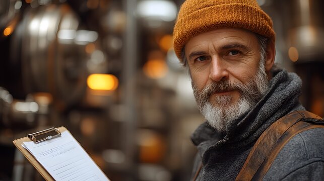 Industrial Worker Checks Notes on Clipboard in Factory - Powered by Adobe