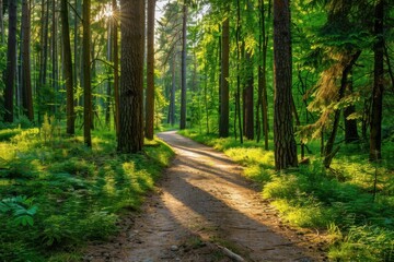Fototapeta premium Trail Through Tall Trees with Dappled Sunlight