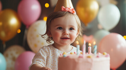 Little girl celebrates her birthday with a cake and colorful balloons in a festive atmosphere