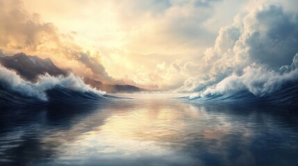 Obraz premium Dramatic Ocean Waves Crashing Against Majestic Mountains at Sunset - Breathtaking Seascape Photography