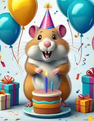 Birthday hamster with balloons cartoon 