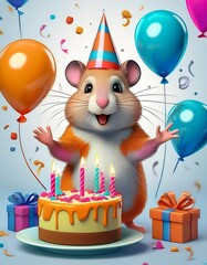 Birthday hamster with balloons and cake cartoon 