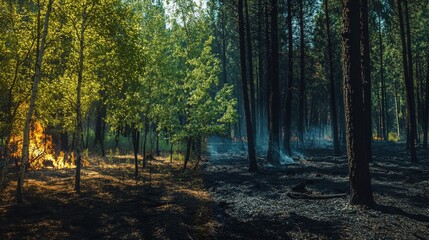 Obraz premium Dramatic Contrast Wildfire Aftermath in a Lush Forest - Burning Trees and Smoky Air Beside Untouched Nature