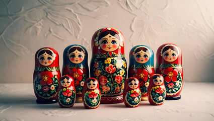 An intricate rendering of a traditional Russian Matryoshka doll set, glowing with vibrant colors and delicate floral patterns, arranged against a soft textured background.

