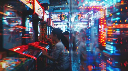 Obraz premium Distorted image of players indulging in digital adventures in an arcade space