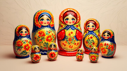 An intricate rendering of a traditional Russian Matryoshka doll set, glowing with vibrant colors and delicate floral patterns, arranged against a soft textured background.

