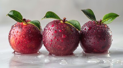 Fototapeta premium Three glistening red apples with droplets on a reflective surface.