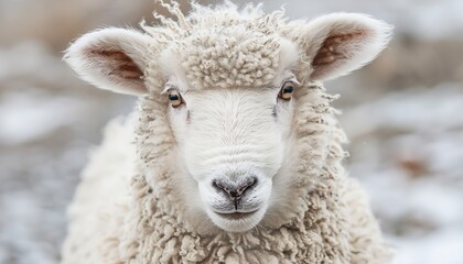 White fluffy sheep farm portrait looking at camera isolated on clear png background