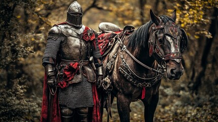 Fototapeta premium A majestic knight stands proudly by a strong horse in a forest setting. The bond between horse and rider tells a story of loyalty and courage. Generative AI