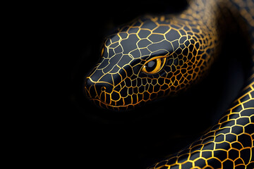 Naklejka premium Close-up view of a black and gold patterned snake 