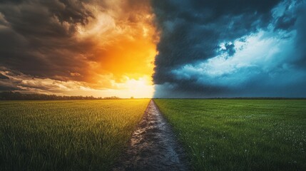 Dramatic Split Sky Over Lush Green Field Sunset and Rainstorm Landscape Photography